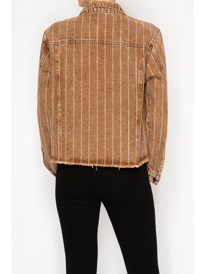 Chocolate Brown Crystal Stripe Denim Jacket