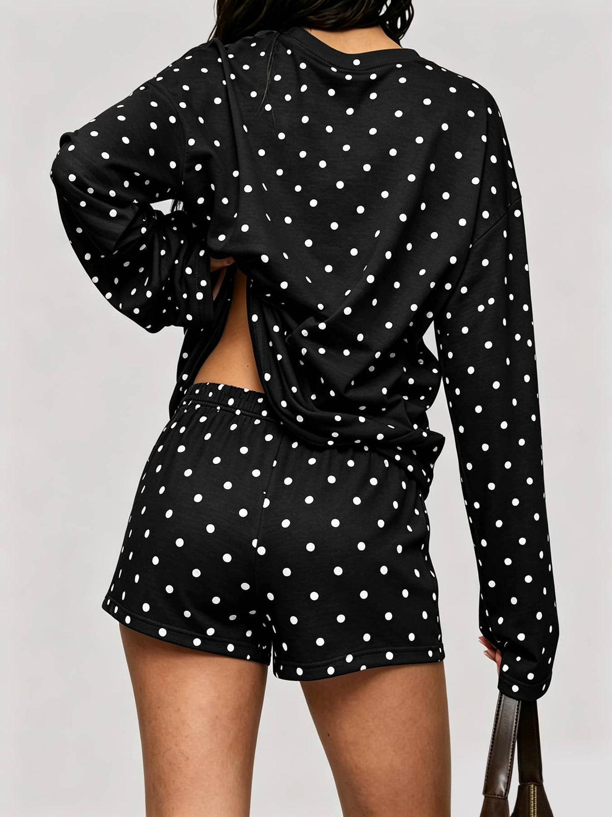 Black Polka Dot Long Sleeve Top and Shorts Set