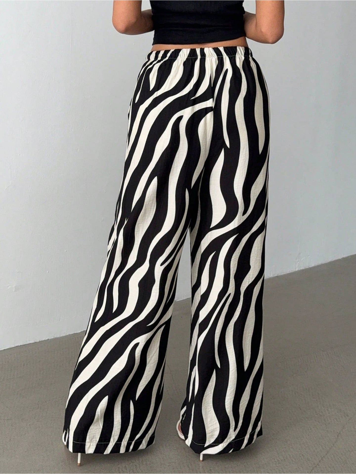 Black Zebra Print Drawstring Wide Leg Pants