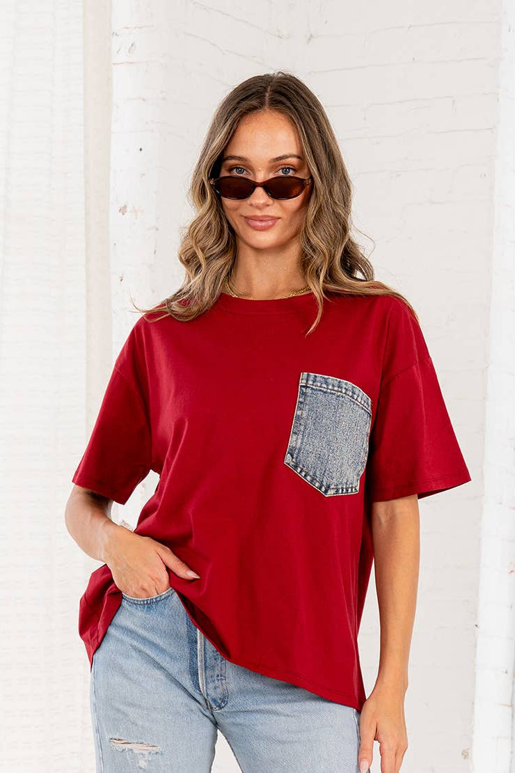 Burgundy Oversized 1/2 Sleeve Top with Front Pocket