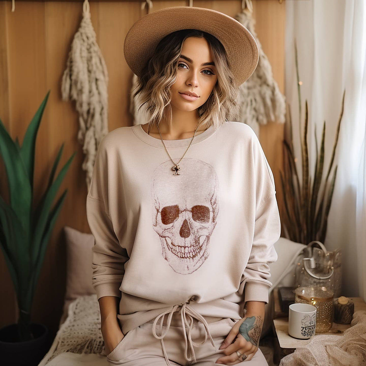 Beige Skull Graphic Top