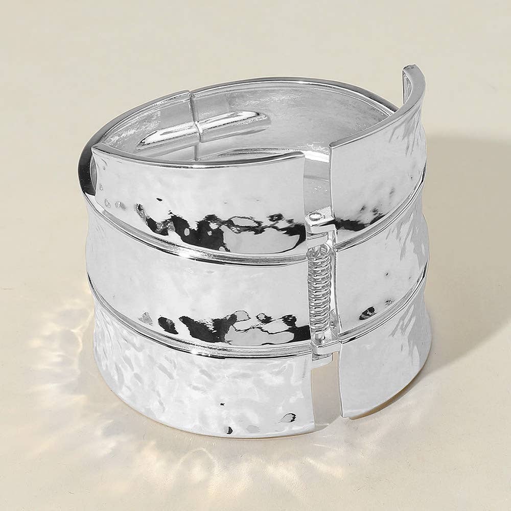 Bold Wide Textured Metal Hinged Bangle Bracelet