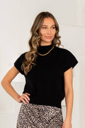 Black Mock Neck Cap Sleeve w/ Banded Hem