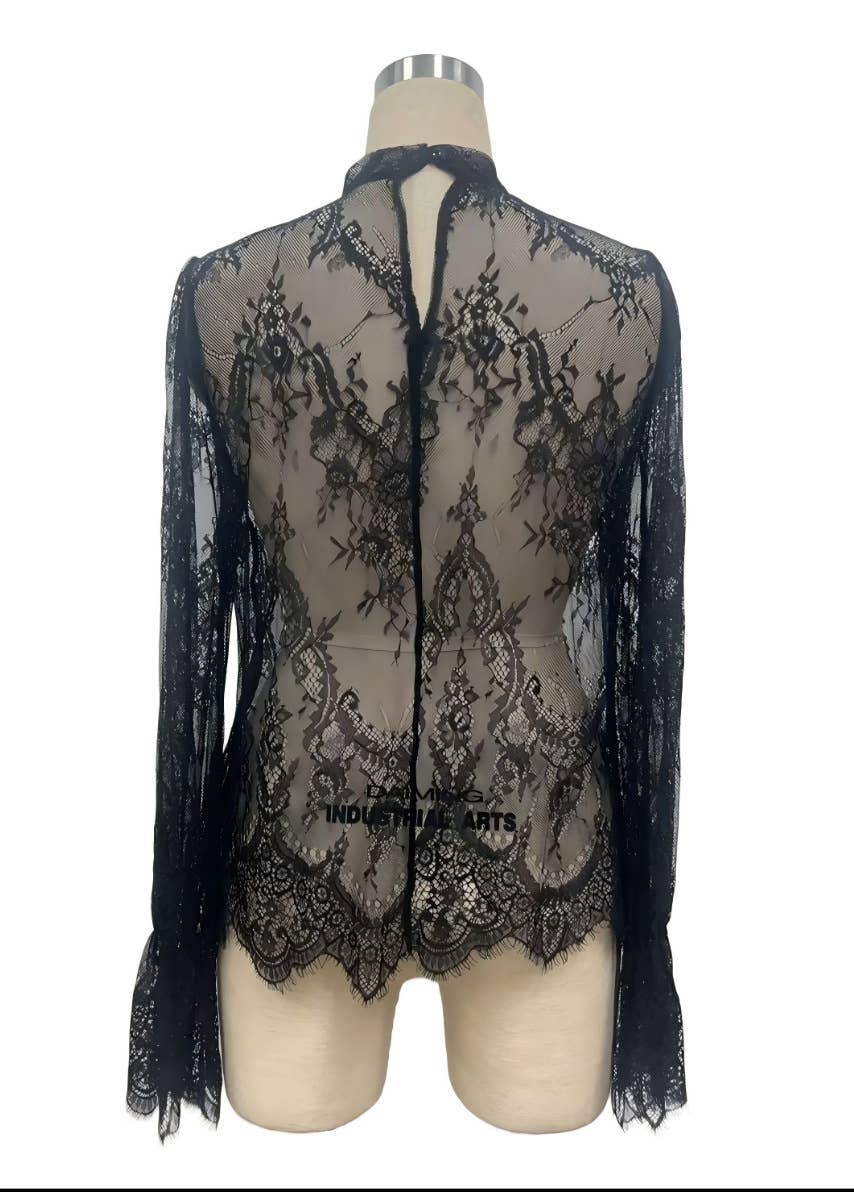 Black Sheer Lace Bell Sleeve Blouse