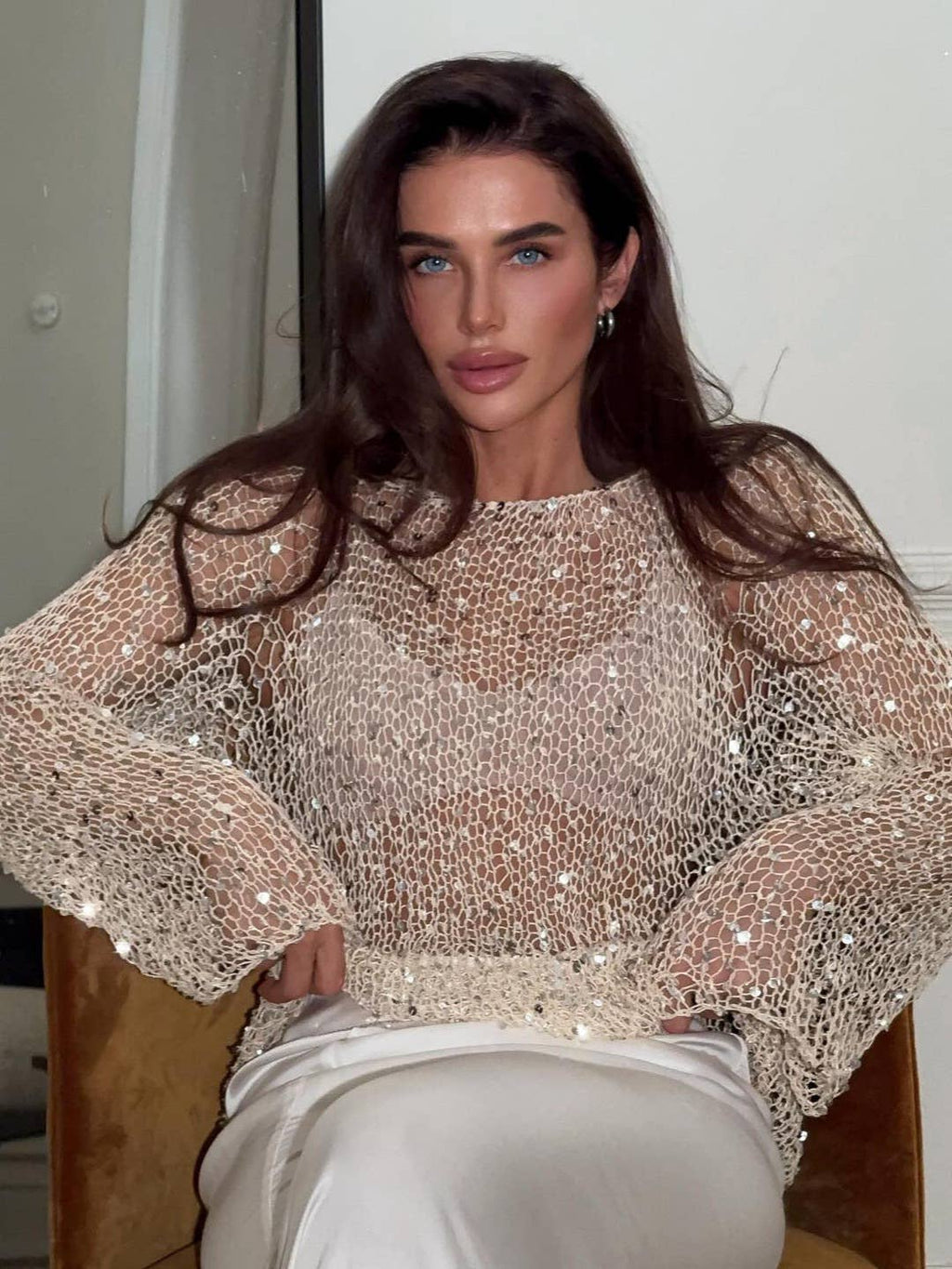 Champagne Sequin Embellished Knit Top
