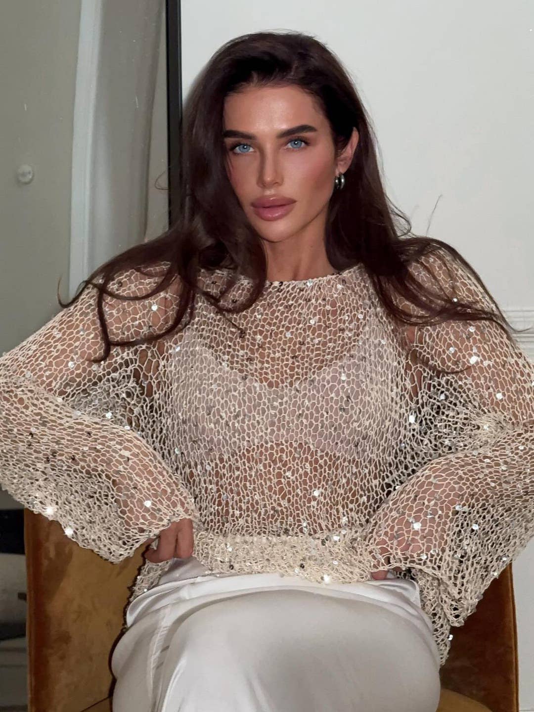 Champagne Sequin Embellished Knit Top