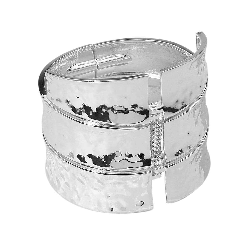 Bold Wide Textured Metal Hinged Bangle Bracelet