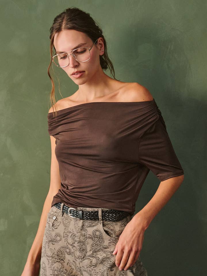 Brown Asymmetric Shirring Off-Shoulder Top