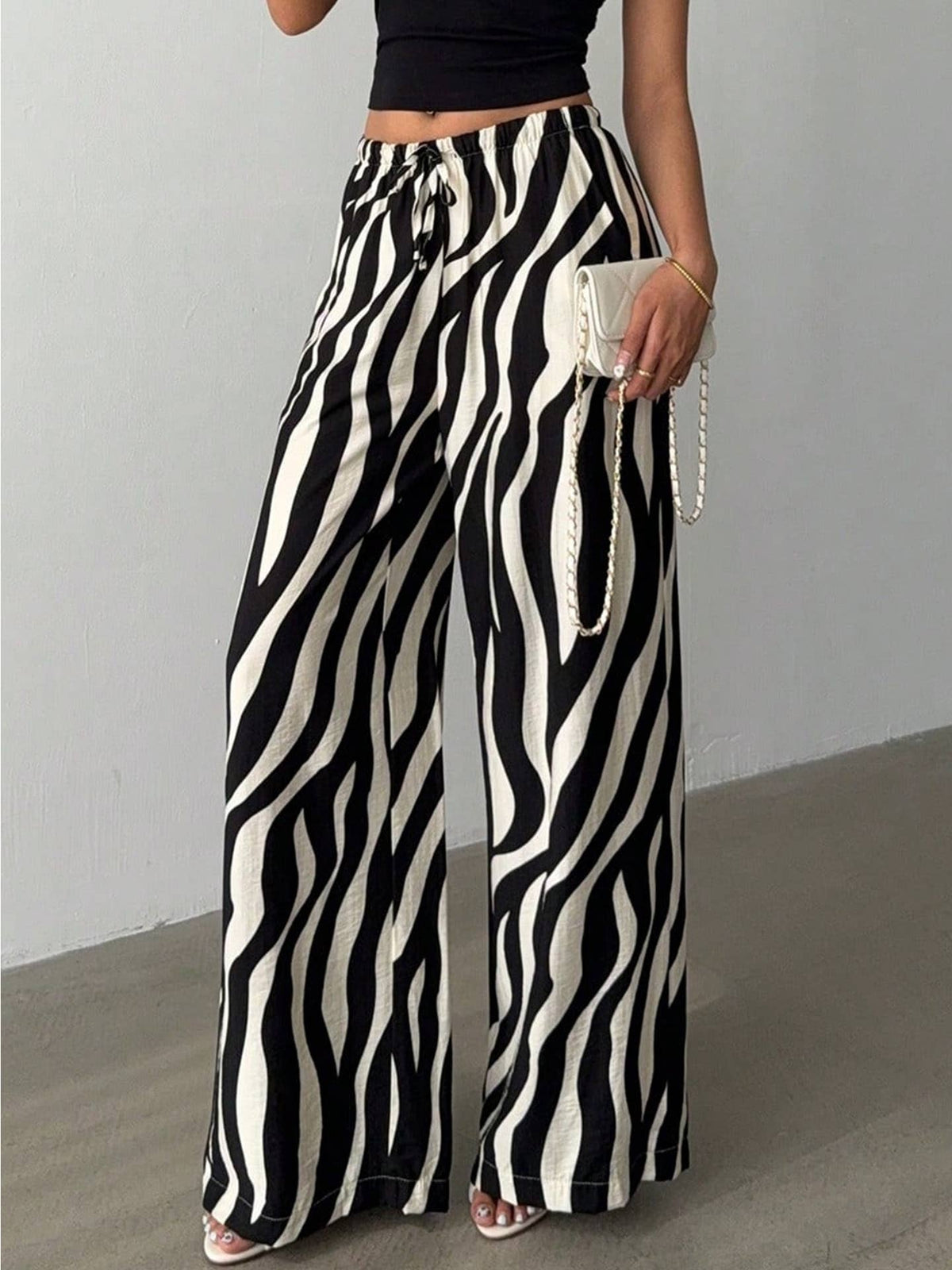 Black Zebra Print Drawstring Wide Leg Pants