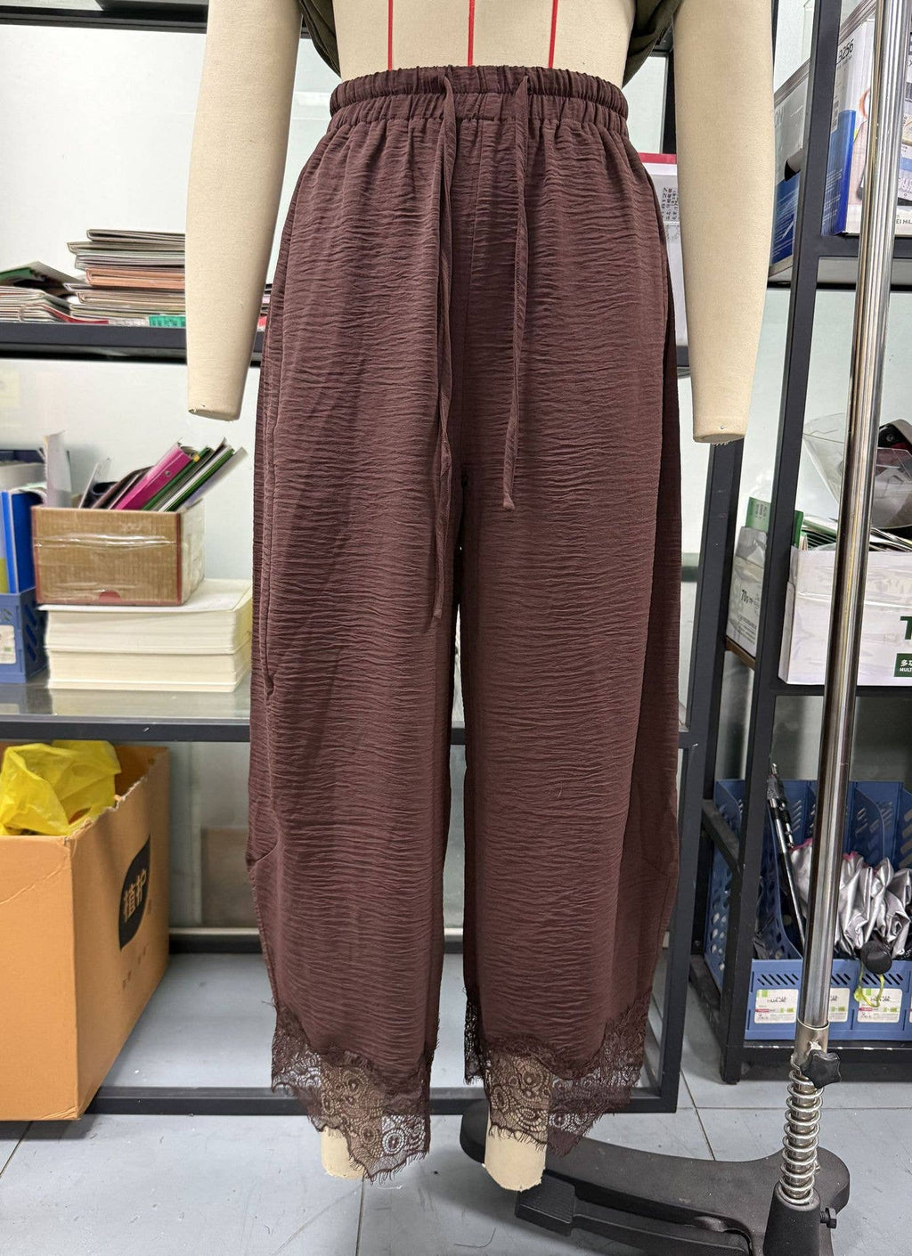 Brown Lace Trim Wide Leg Pants