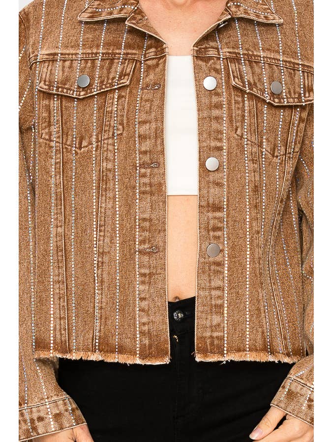Chocolate Brown Crystal Stripe Denim Jacket
