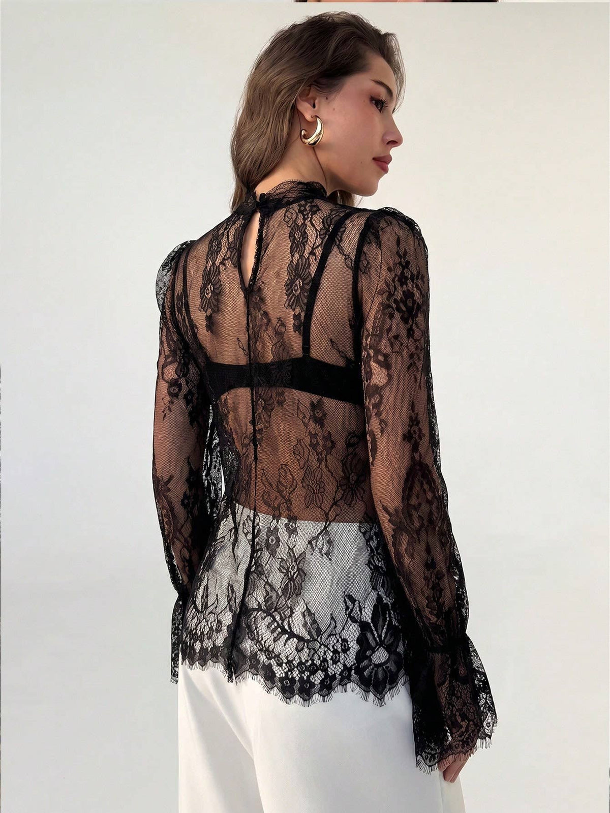 Black Sheer Lace Bell Sleeve Blouse