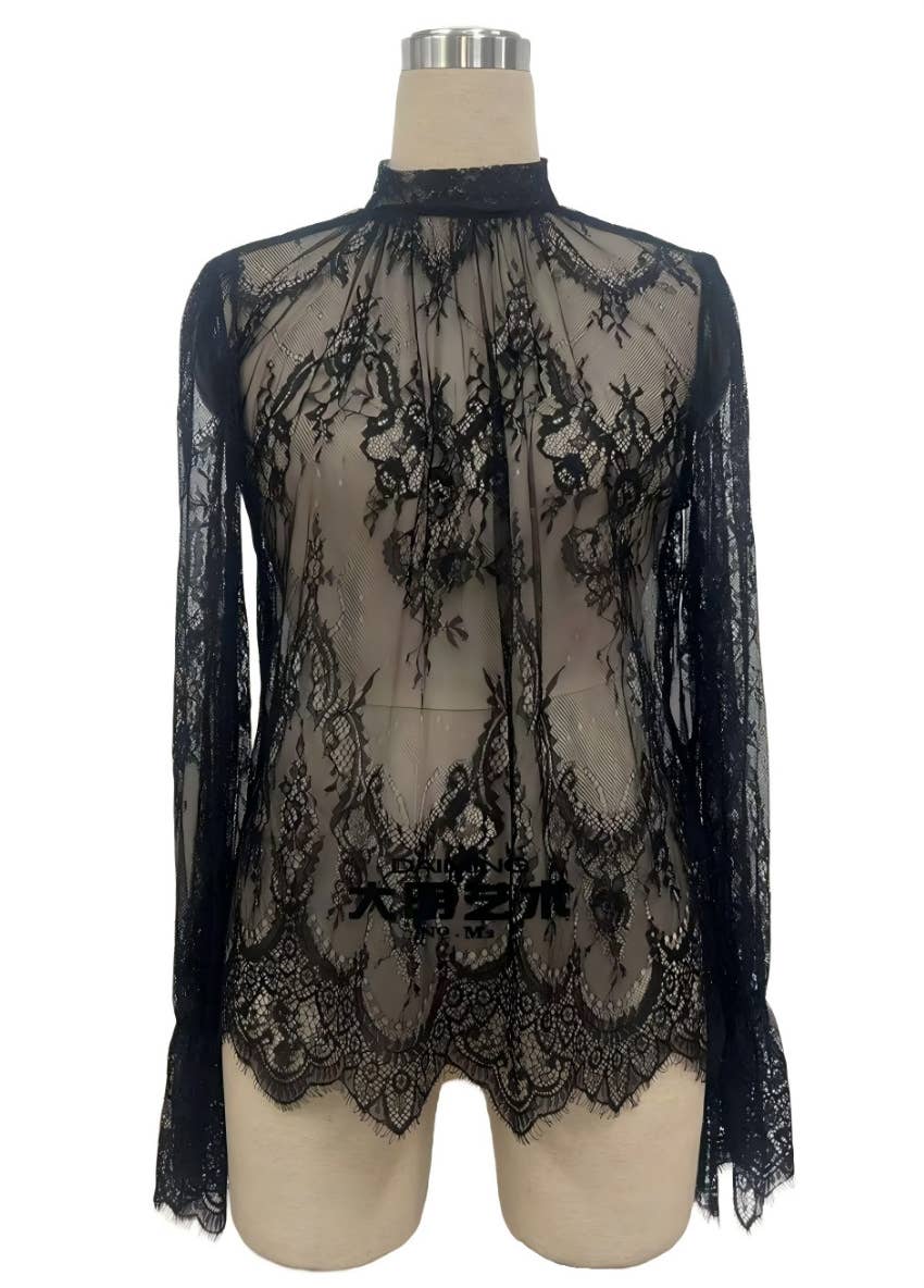 Black Sheer Lace Bell Sleeve Blouse