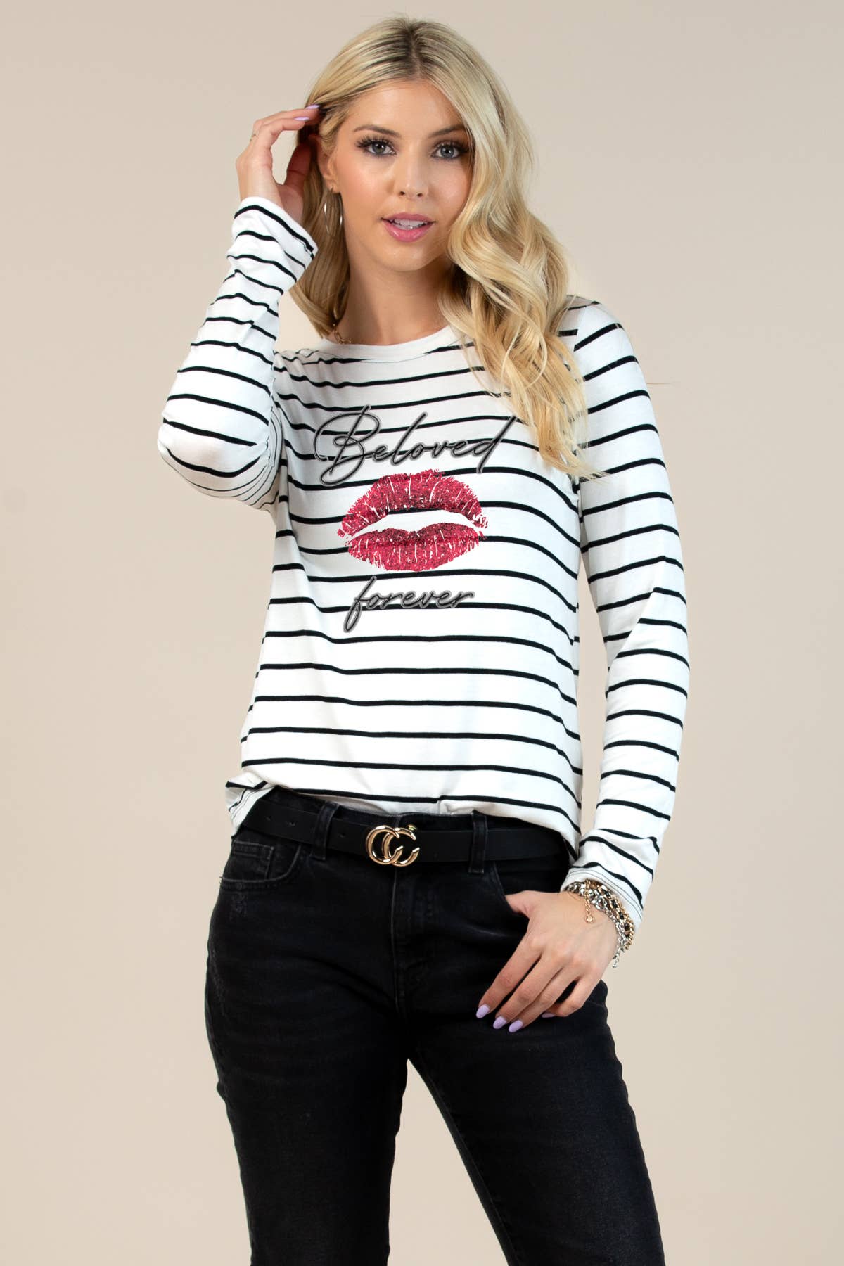 Bronx Beloved Kiss Striped Basic Long Sleeves Top