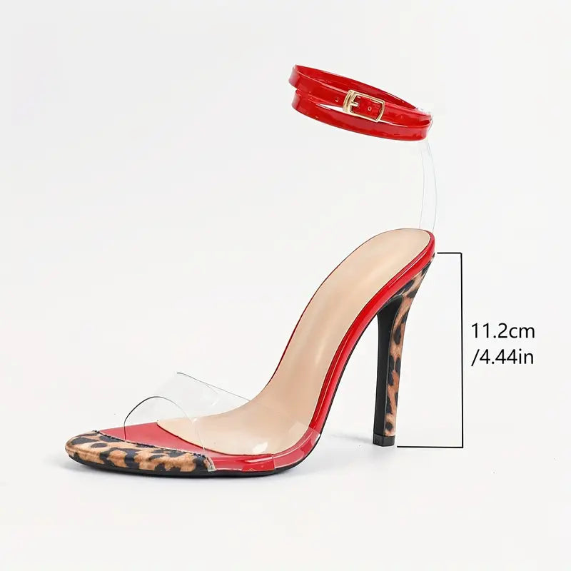 Round Toe Leopard Print Transparent Glass Glue One-Strap Ankle Wrap Stiletto Heels