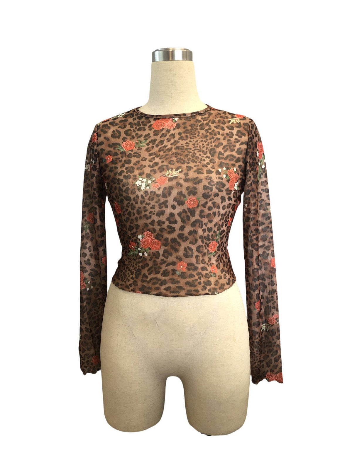 Coffee Leopard Floral Mesh Crop Top