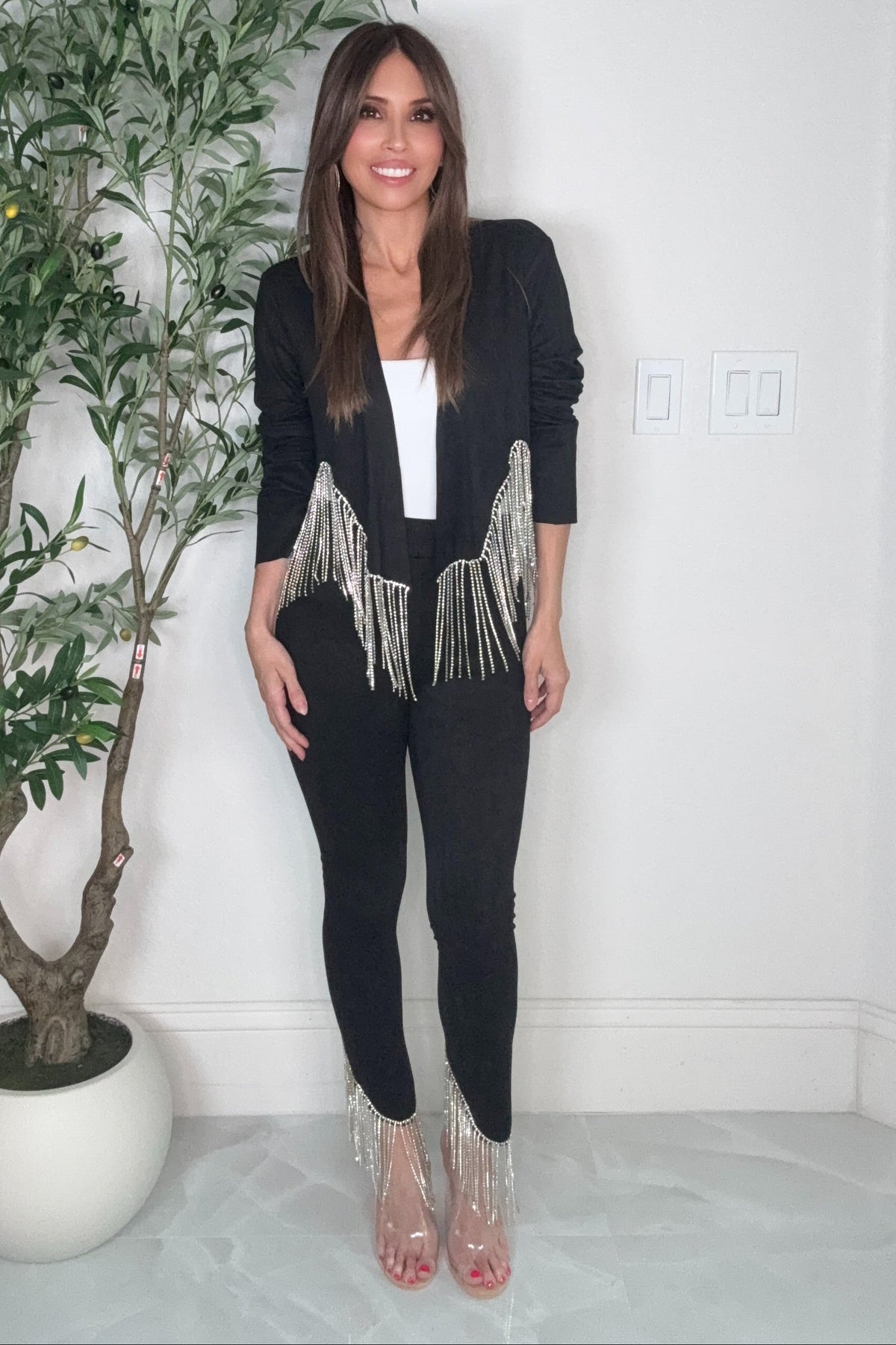 Black Crystal Fringe Hem Suede Pants
