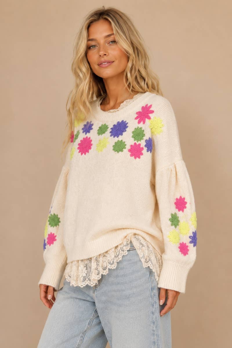 Cream Floral Embroidered Knit Sweater Top