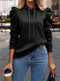 Black Lapel Puff Sleeve Hooded Top