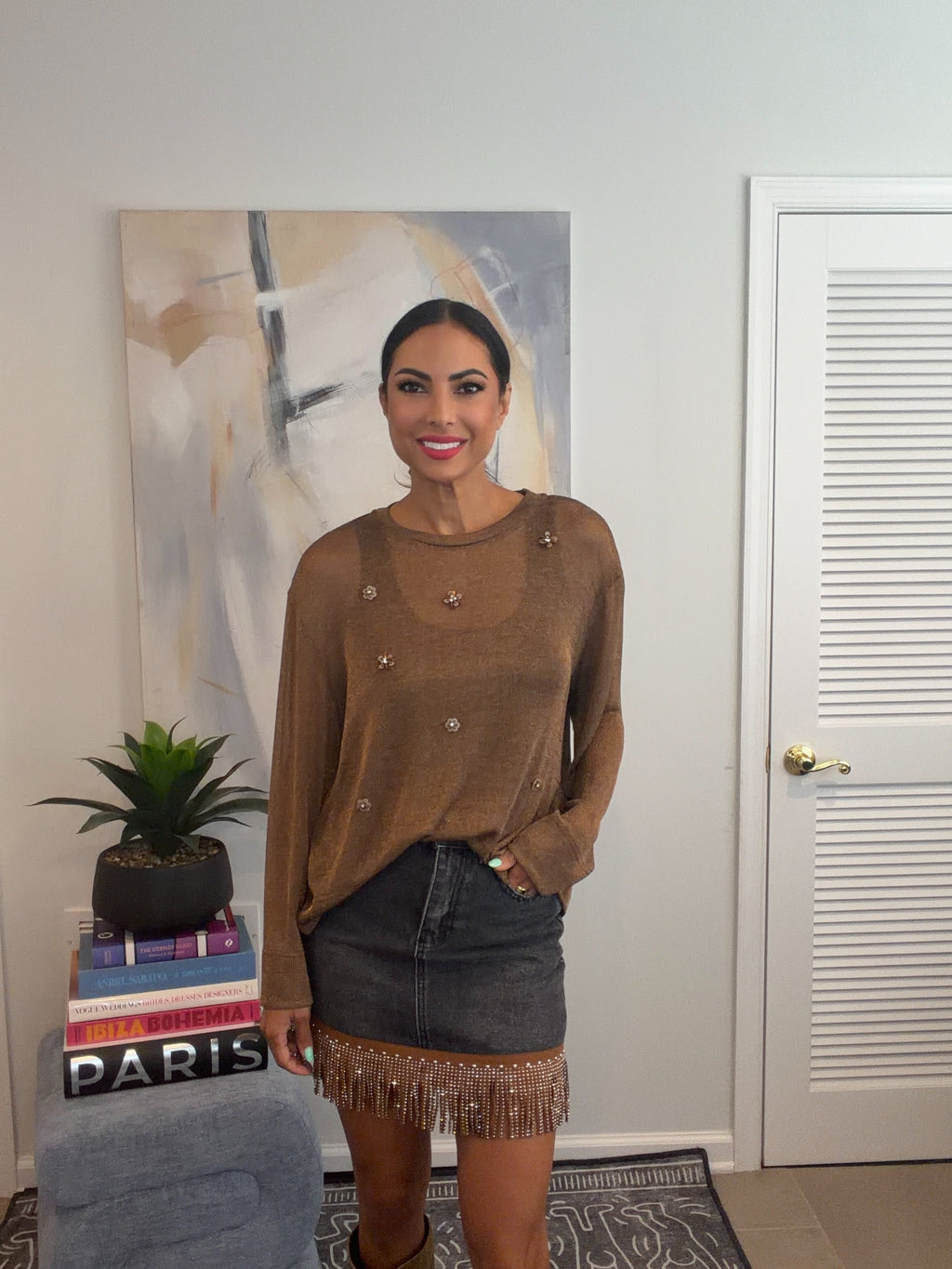 Bronze Embellished Long Sleeve Top