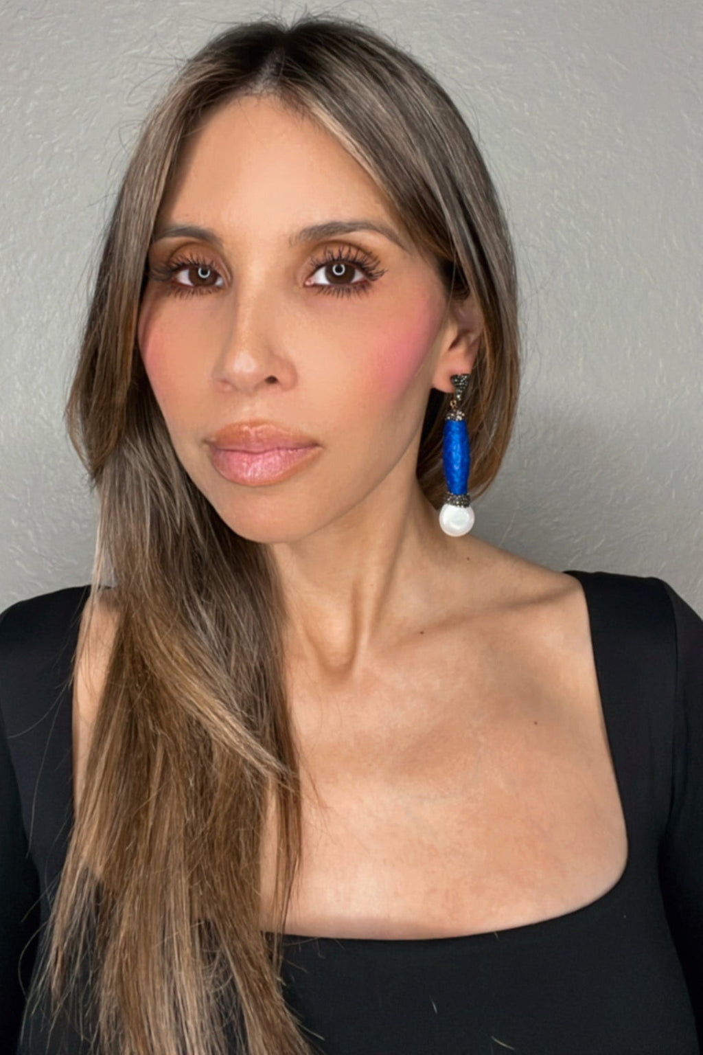 Blue Python Print Leather & Pearl Drop Gemstone Earring