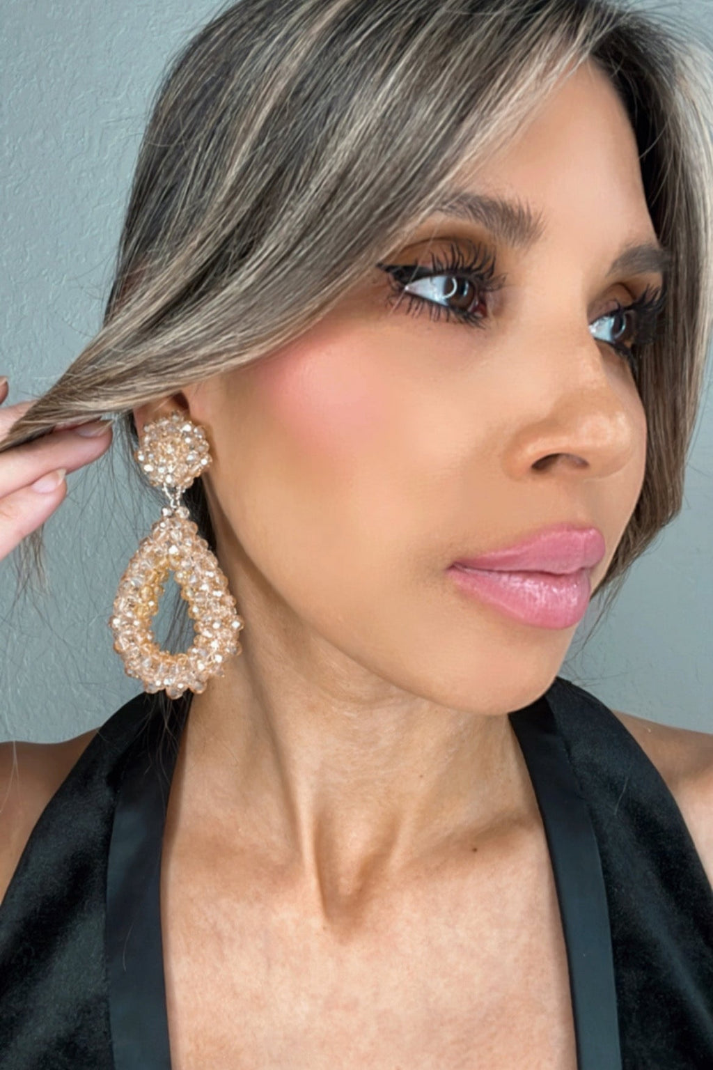 Champagne Crystal Teardrop Statement Clip On Earring