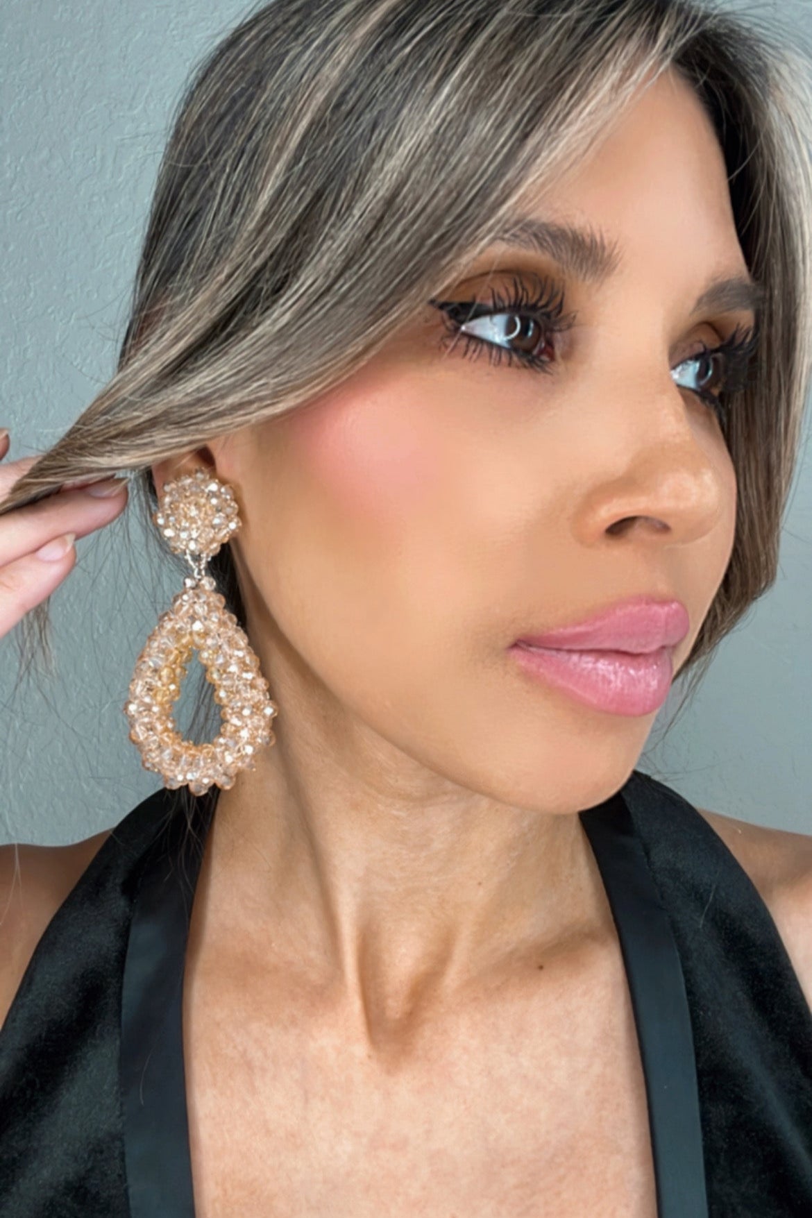 Champagne Crystal Teardrop Statement Clip On Earring