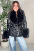Black Velour Luxe Bordeaux Belted Leather Jacket