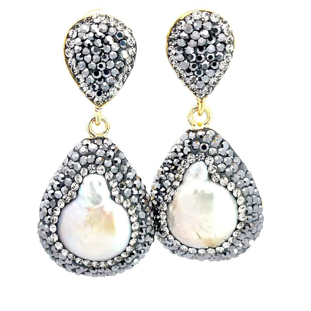 Cultured Pearl Silver Teardrop Gemstone Crystal Drop Earrings