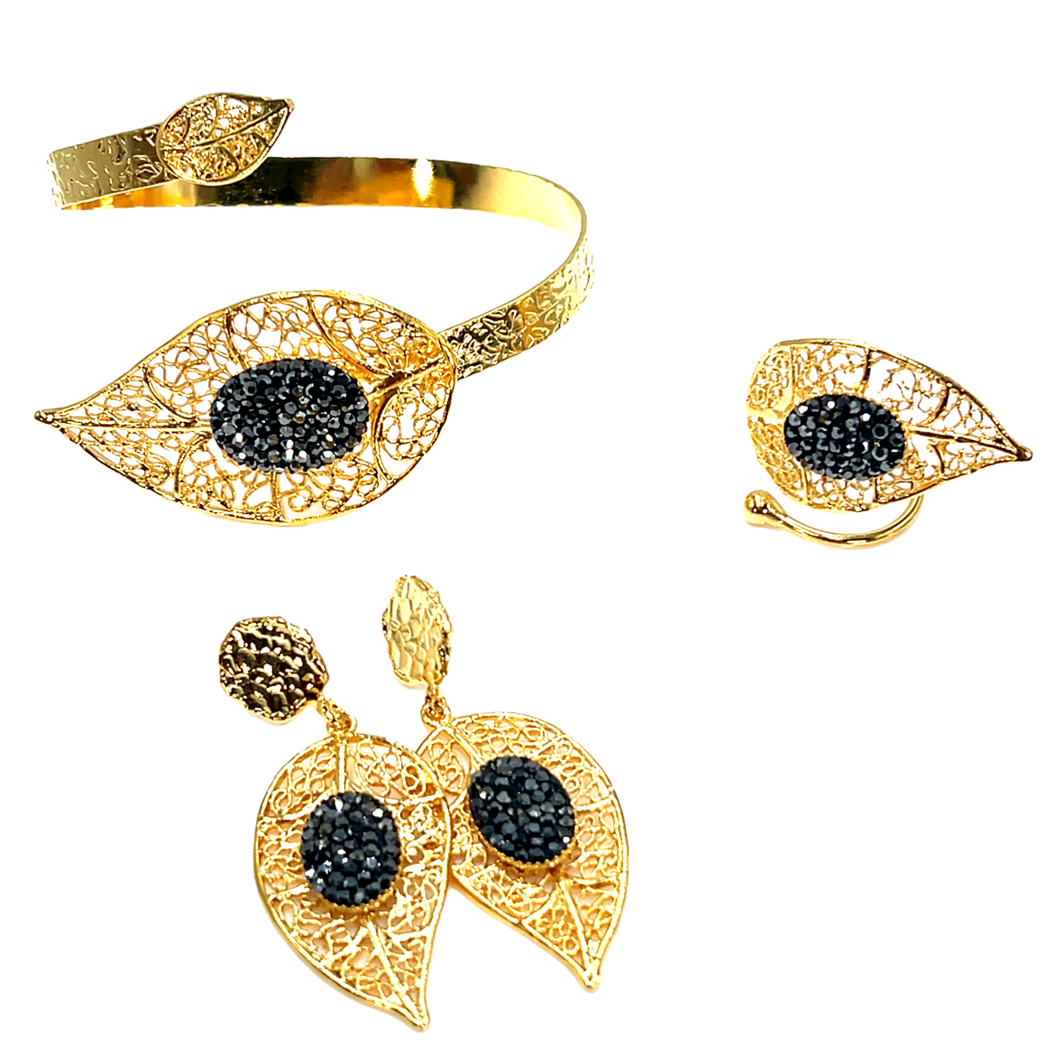 Black & Gold Leaf Crystal Bracelet Set