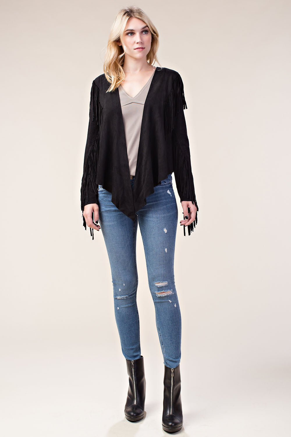 Black Suede Fringe Lace-Up Jacket