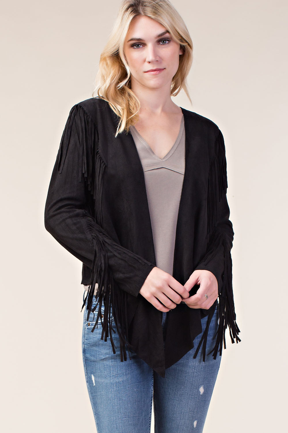 Black Suede Fringe Lace-Up Jacket
