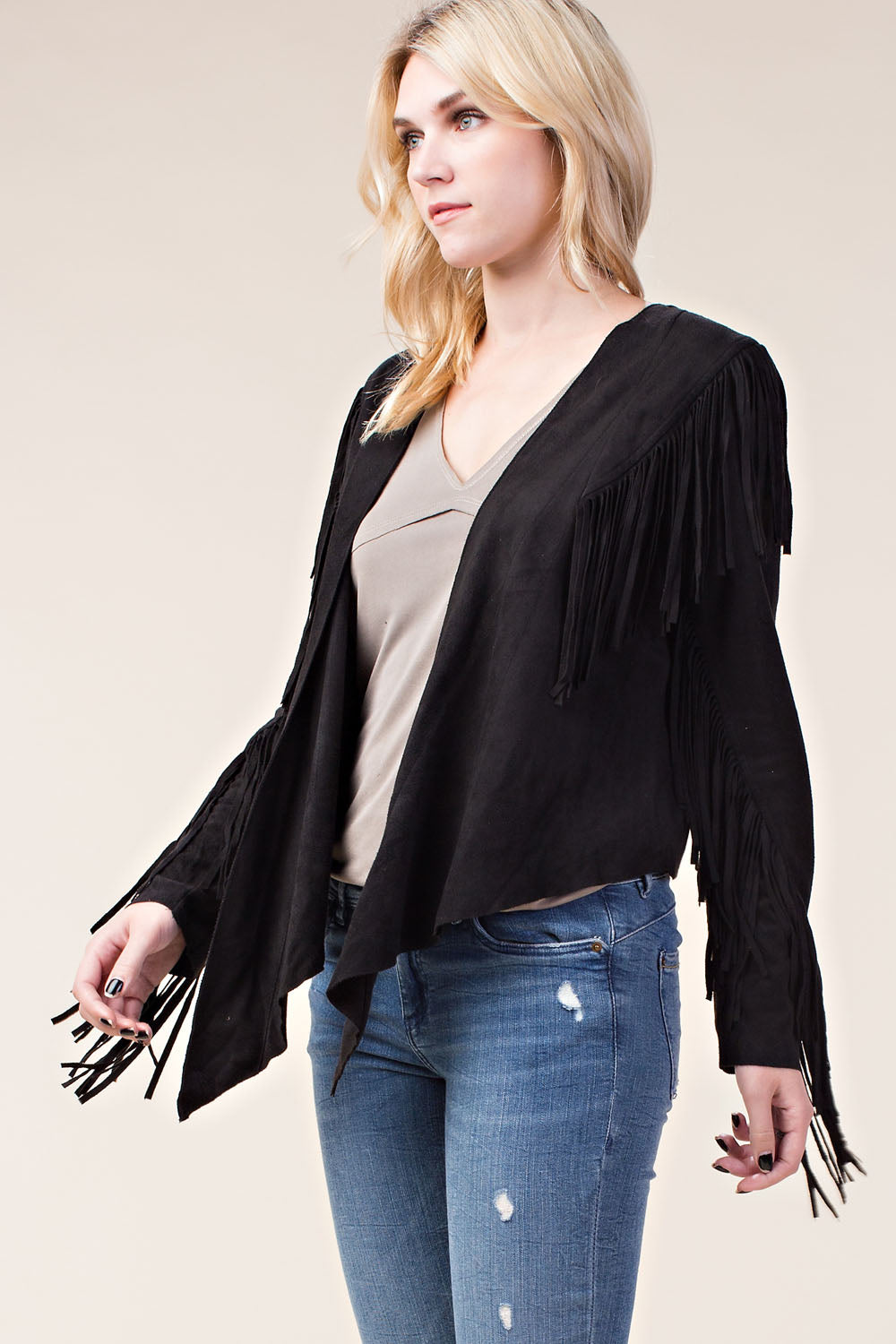 Black Suede Fringe Lace-Up Jacket