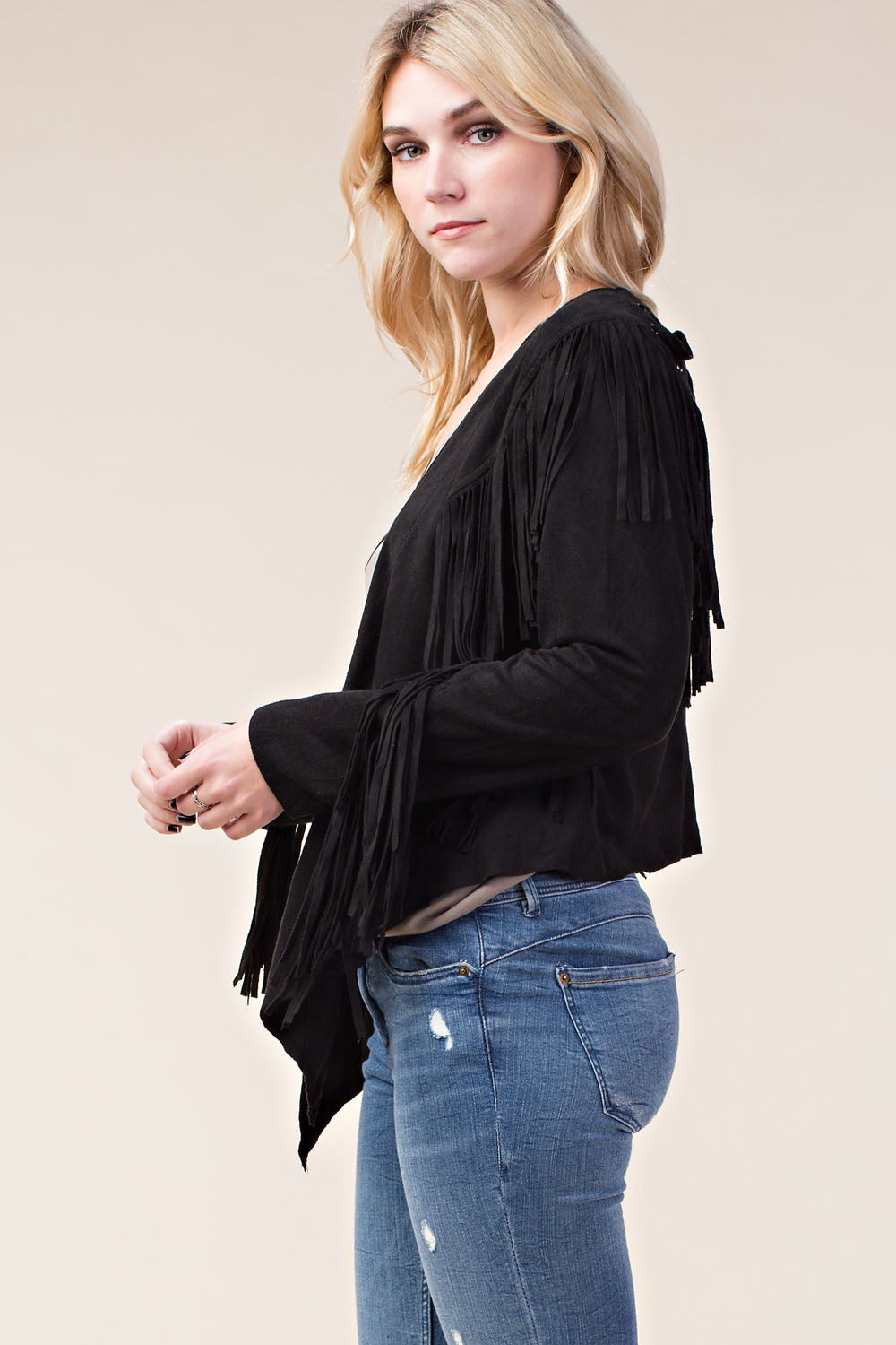 Black Suede Fringe Lace-Up Jacket