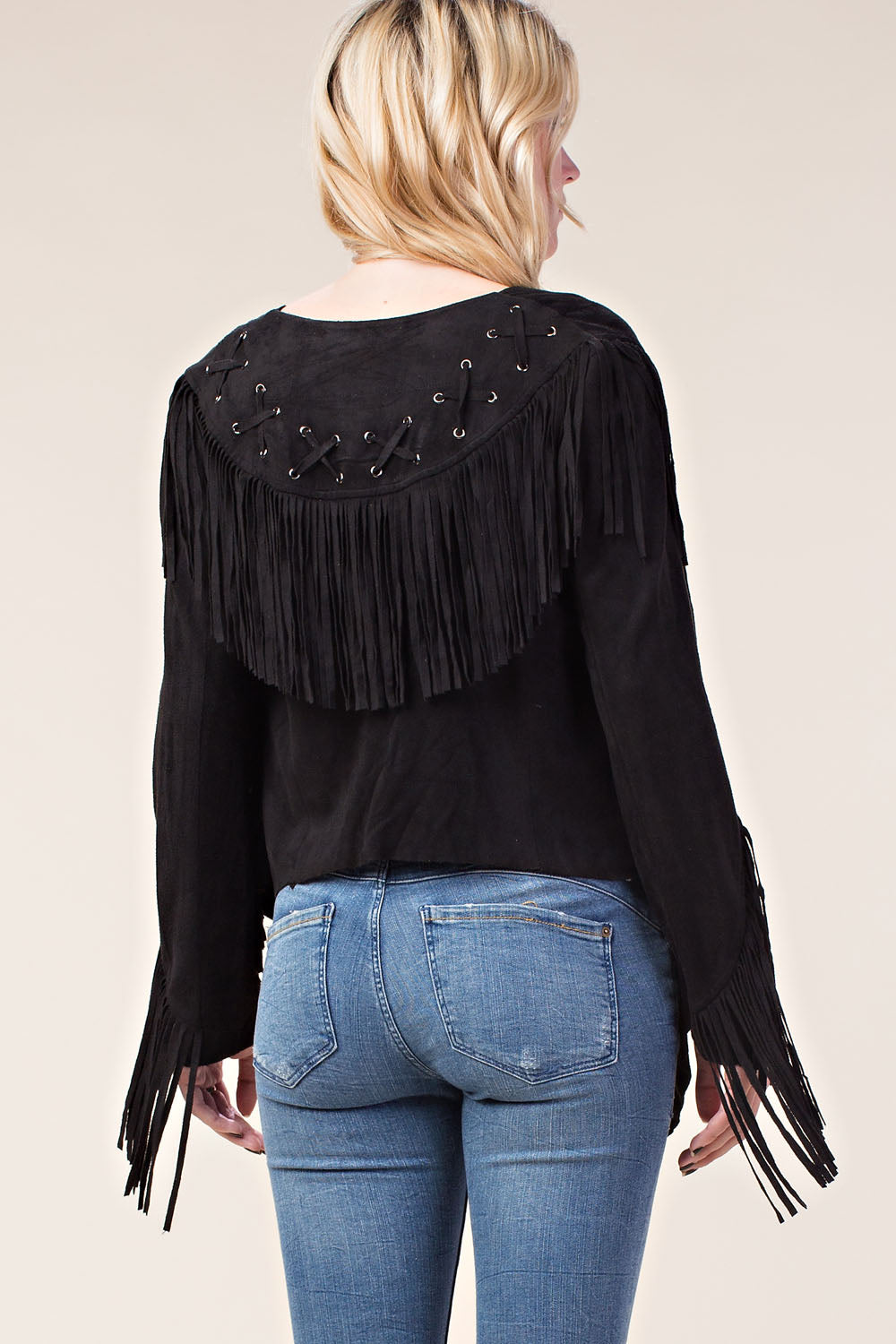Black Suede Fringe Lace-Up Jacket