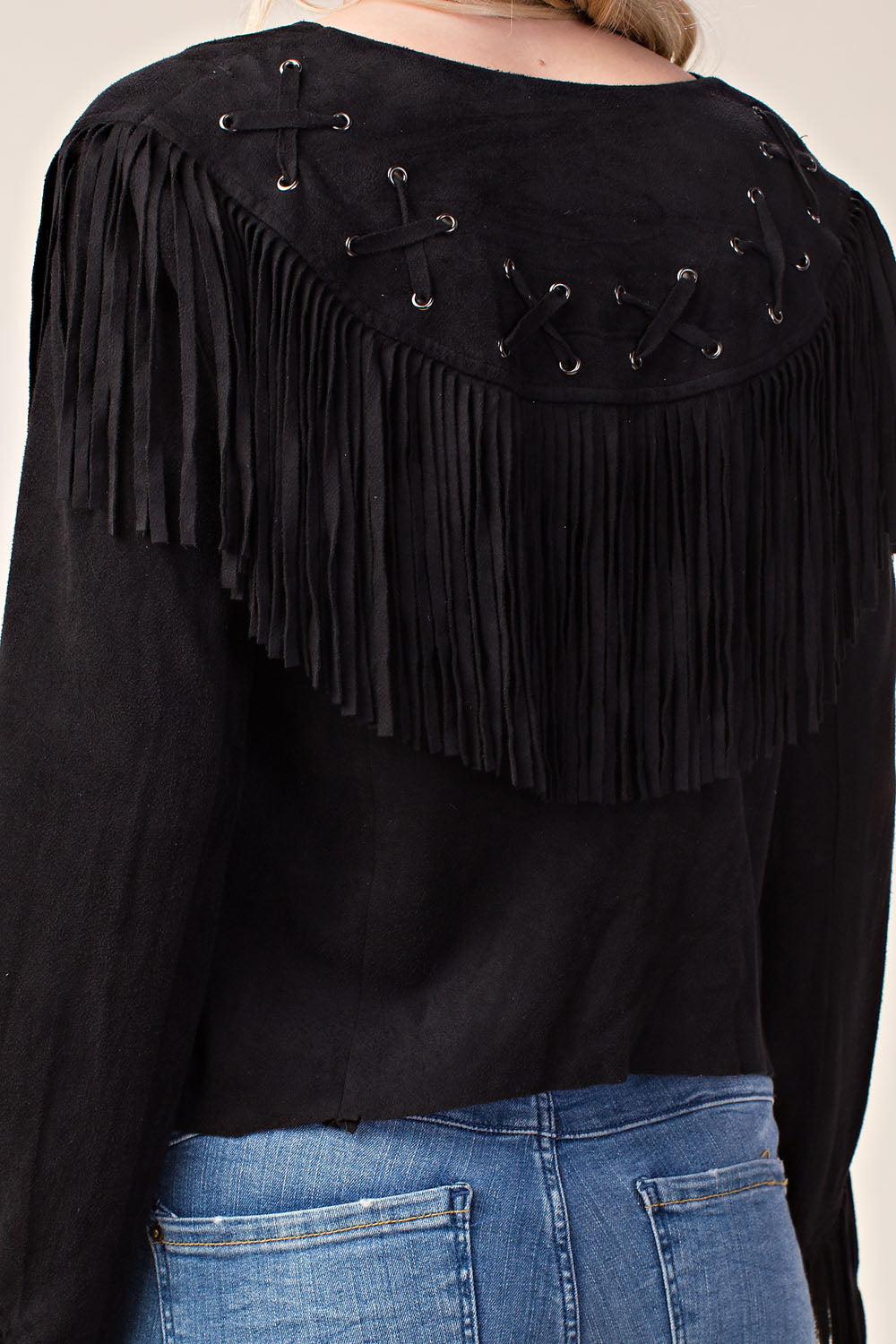 Black Suede Fringe Lace-Up Jacket
