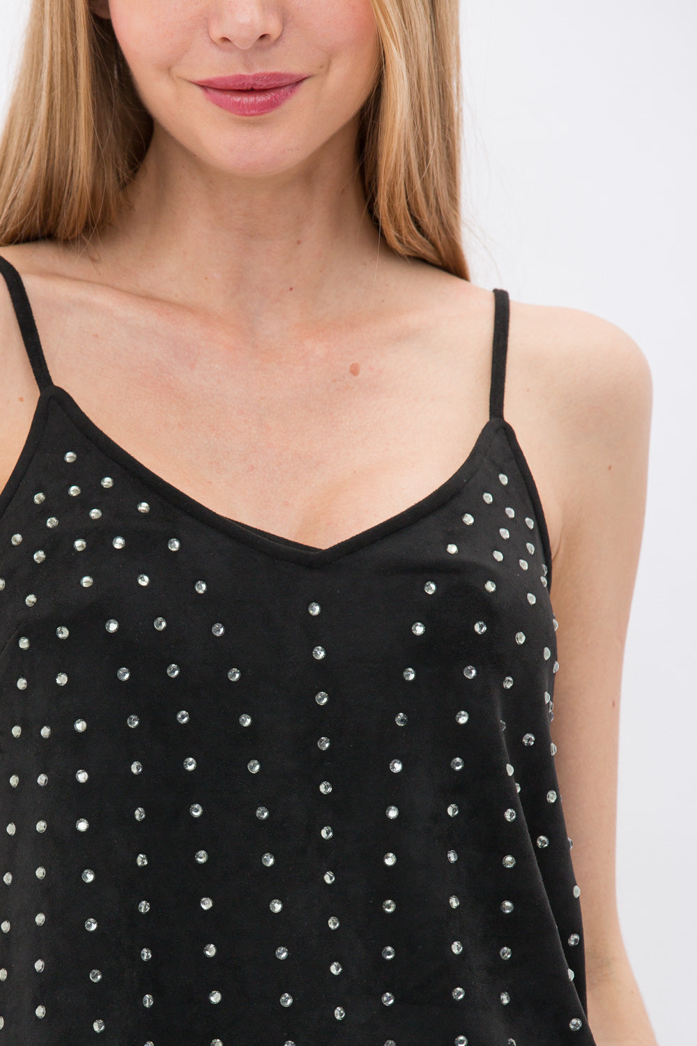 Black Crystal Embellished Suede Cami Top