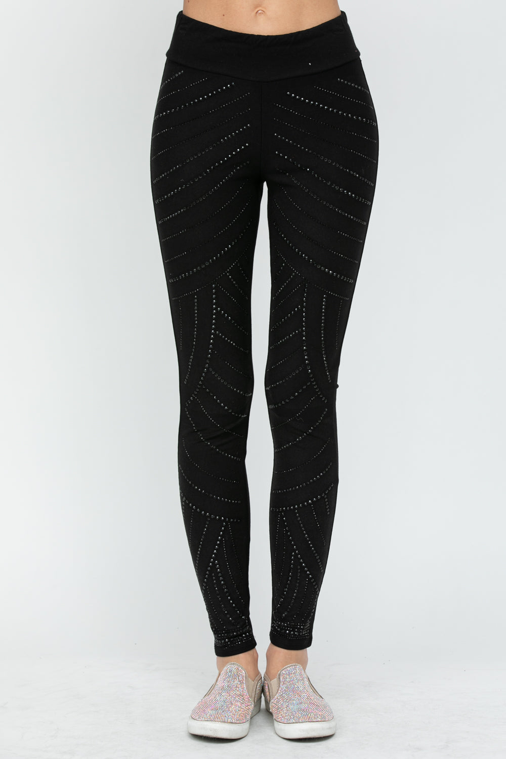 Black Full Length Knit Rhinestone Leggings