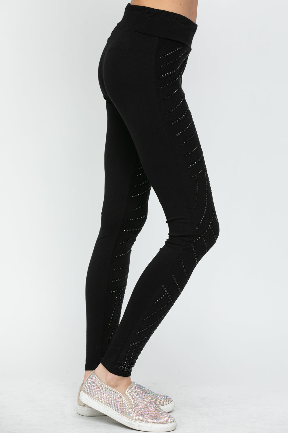 Black Full Length Knit Rhinestone Leggings