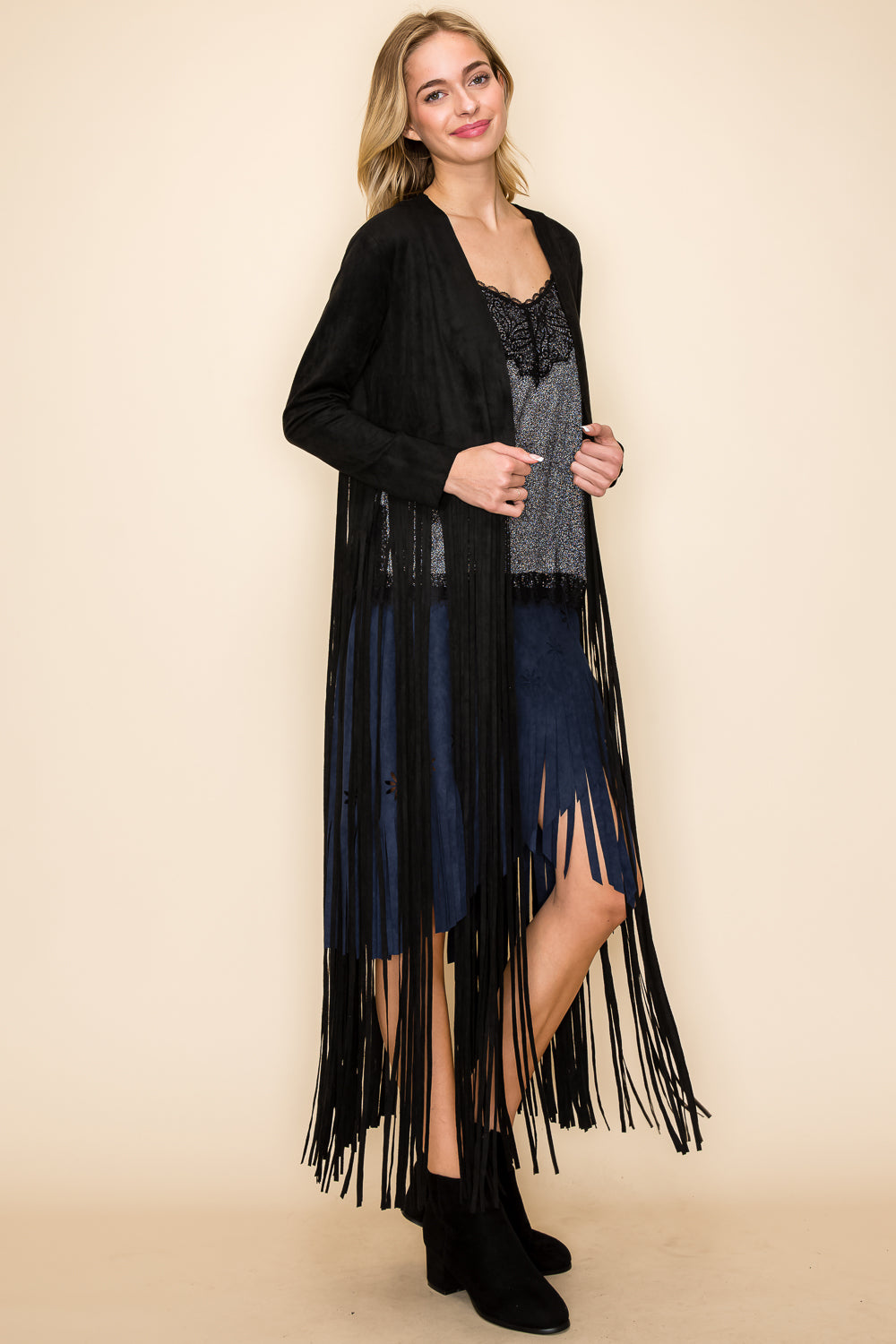 Black Suede Fringe Duster Jacket