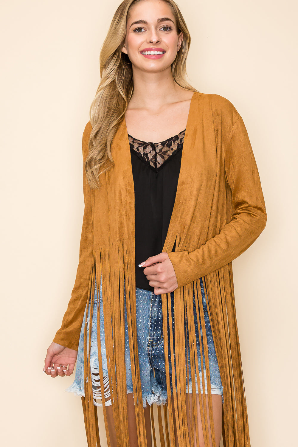 Camel Suede Knit Long Fringe Jacket