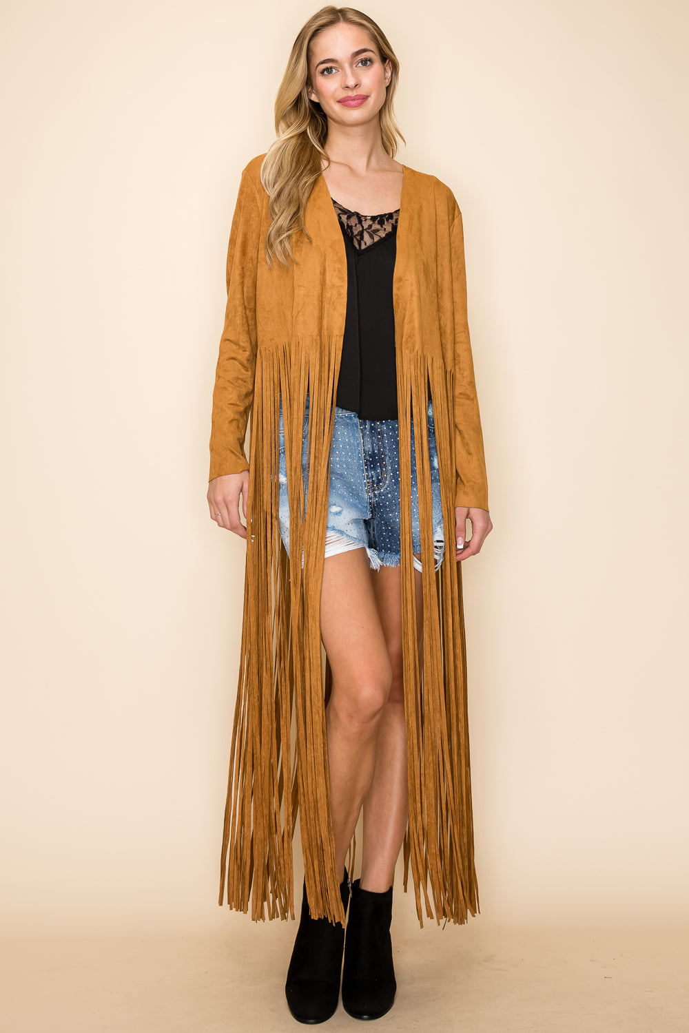 Camel Suede Knit Long Fringe Jacket