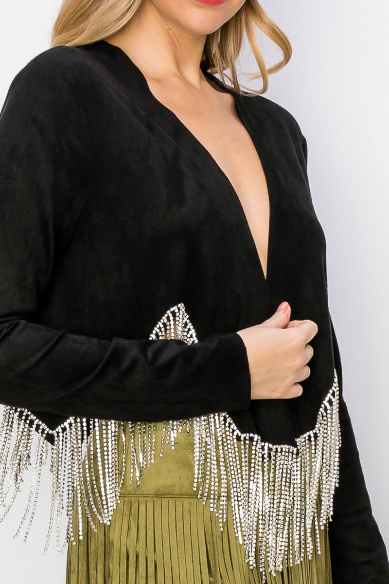 Black Crystal Fringe Suede Jacket