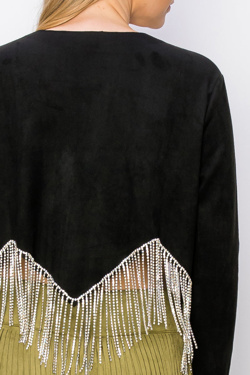 Black Crystal Fringe Suede Jacket
