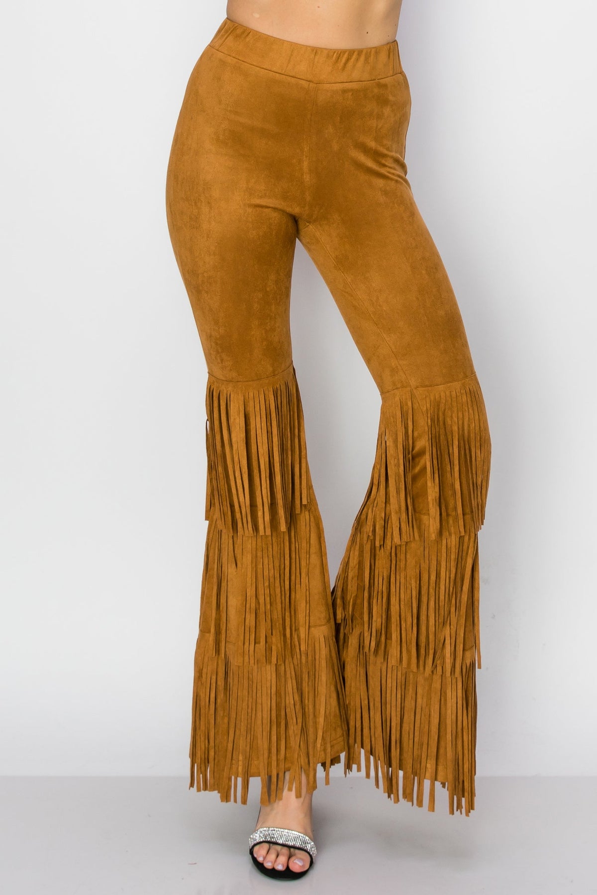 Camel Suede Knit Bell Bottom Pants with Fringe