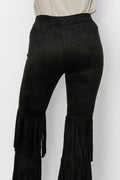 Black Tiered Fringe Suede Flare Pants