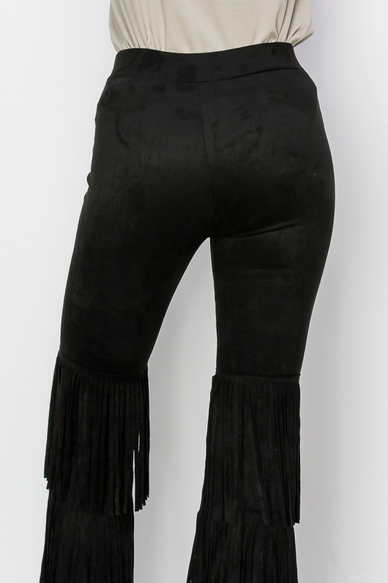 Black Tiered Fringe Suede Flare Pants
