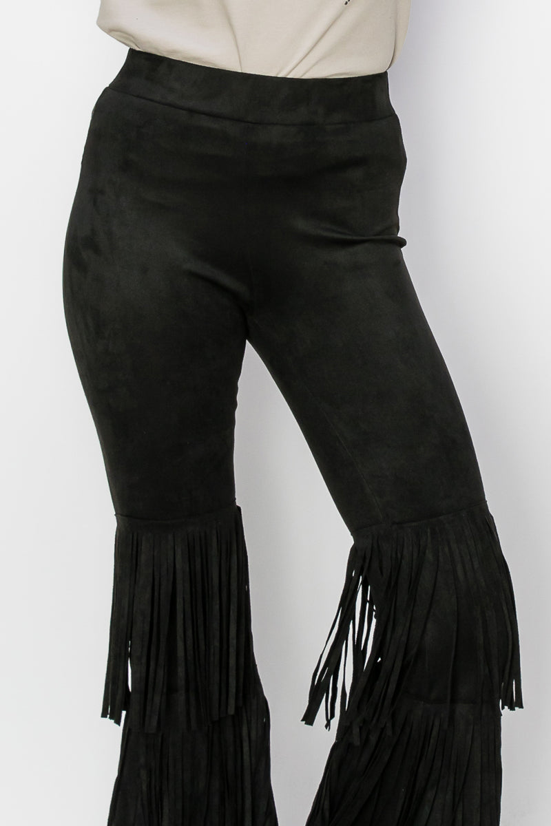 Black Tiered Fringe Suede Flare Pants