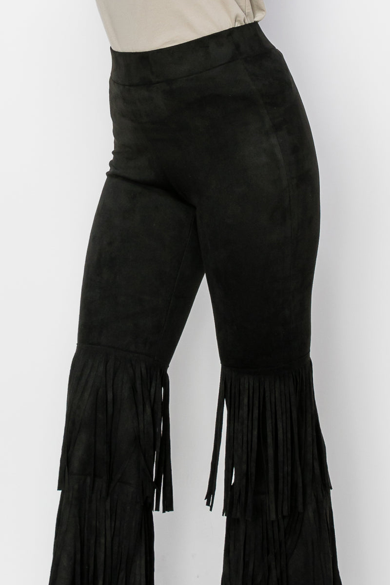 Black Tiered Fringe Suede Flare Pants