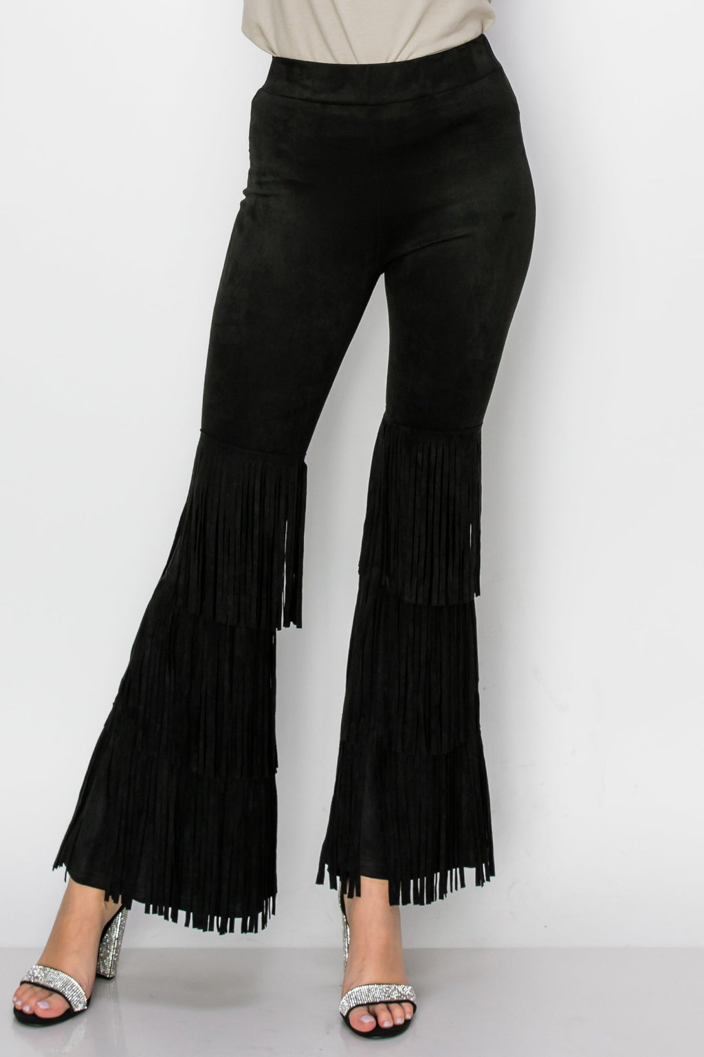 Black Tiered Fringe Suede Flare Pants